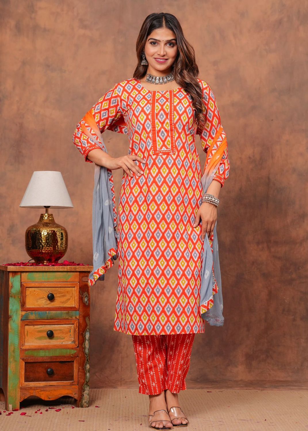 Exclusive Jaipuri Printed Cotton 3 Pc Kurti Set  with Kota Dupatta