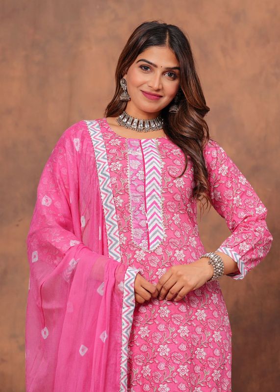 Pink Jaipuri Printed Cotton Kurti Set with Kota Dupatta