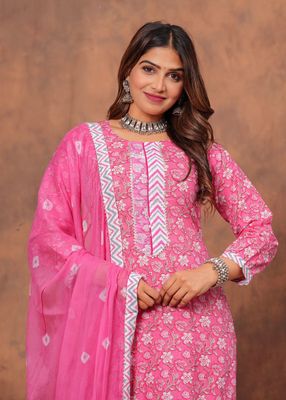Pink Jaipuri Printed Cotton Kurti Set with Kota Dupatta