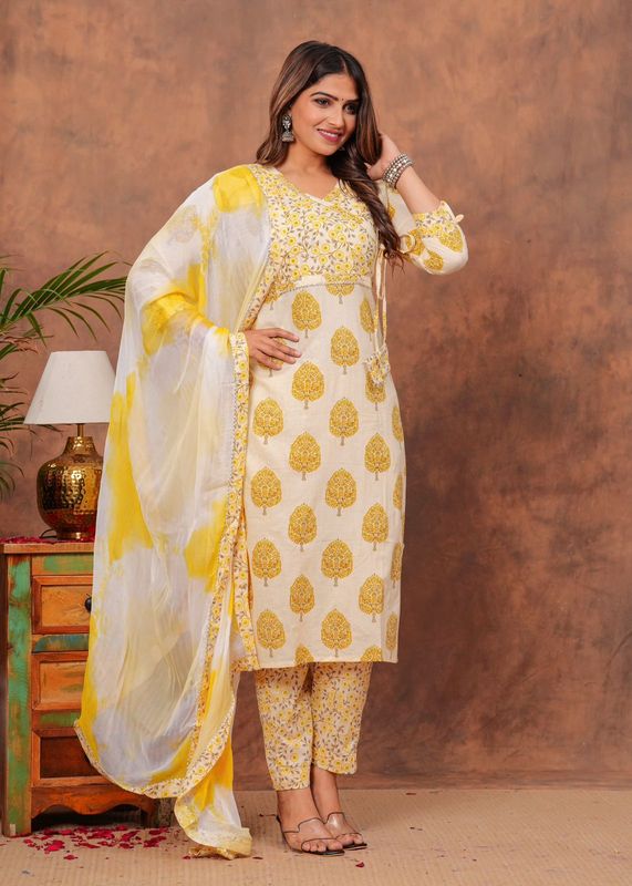 Exclusive Jaipuri Printed Cotton 3 Pc Kurti Set  with Kota Dupatta