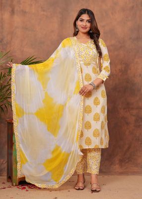 Exclusive Jaipuri Printed Cotton Kurti Set with Kota Dupatta