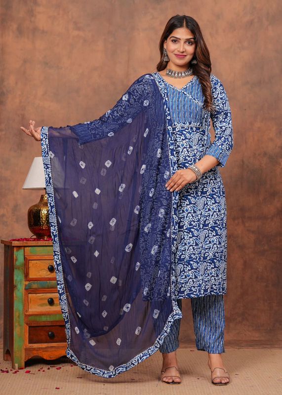 Jaipuri Printed Cotton Kurti Set with Kota Dupatta