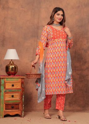 3-piece Orange Printed Cotton Kurti Set with Kota Dupatta