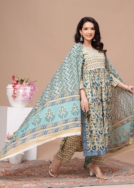 Naira Cut Cotton Kurtis Pant Set With Cotton Dupatta