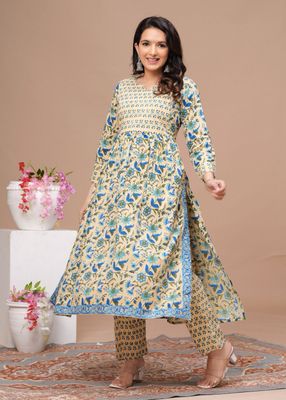 Naira Cut Cotton Kurtis Pant Set With Cotton Dupatta