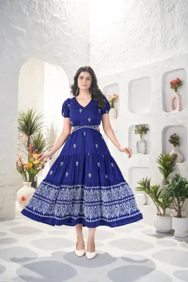 Izna Navy Blue Midi Dress – Puff Sleeves &amp; V-Neck Design