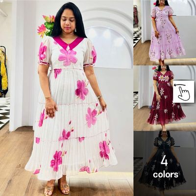 Jasleen Slub Cotton Long Western Dress – Fancy Printed Work