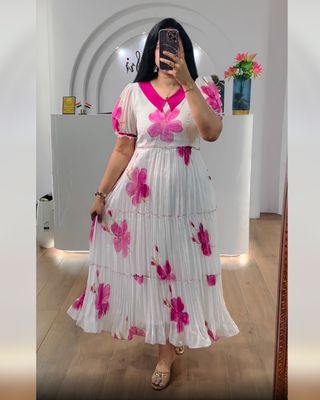 Jasleen Slub Cotton Long Western Dress – Fancy Printed Work