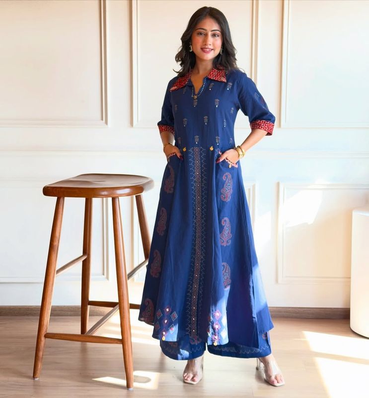 Zulekha Navy Blue Kurti Palazzo Set