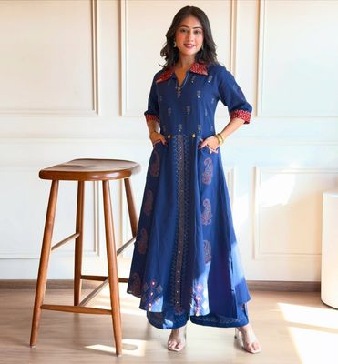 Zulekha Navy Blue Kurti Palazzo Set