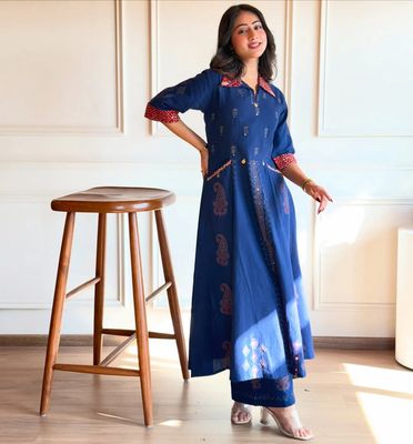 Zulekha Navy Blue Kurti Palazzo Set