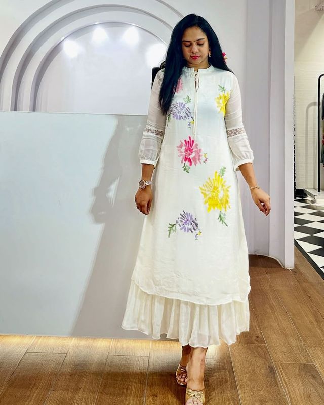 Barkha Chanderi Cotton White A-Line Kurti