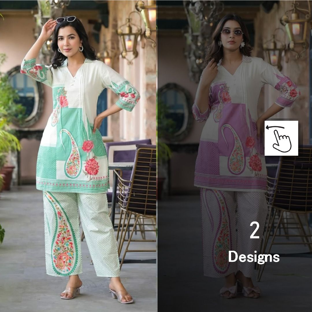 Lexa Cotton Co-Ord Set – Digital Print, V-Notch Collar