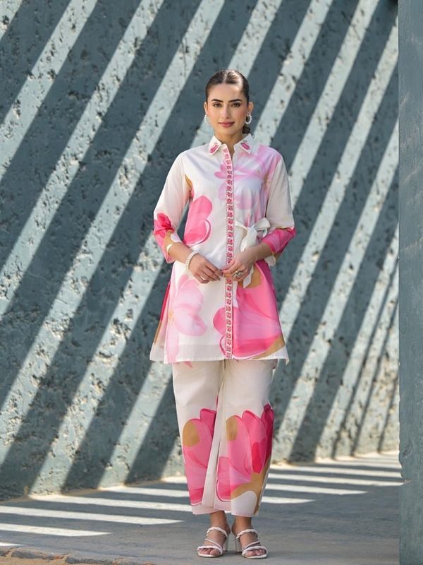 Alora Cotton Pink Floral Co-Ord Set – Wide-Leg Pant