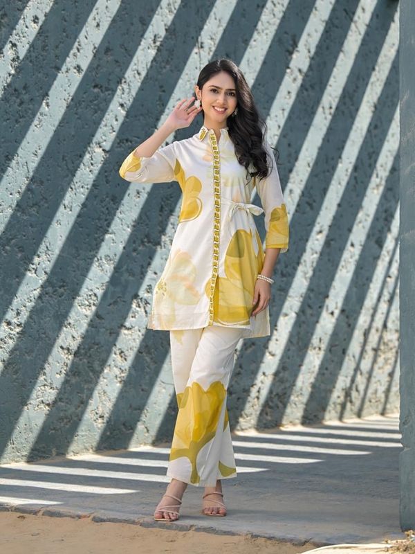 Alora Cotton Yellow Floral Co-Ord Set–Wide-Leg Pant