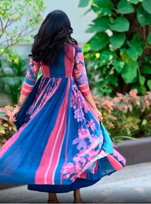 Kia Mix Cotton Long Western Gown – Floral &amp; Stripe Print
