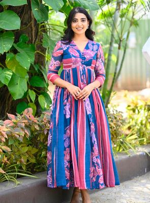 Kia Mix Cotton Long Western Gown – Floral &amp; Stripe Print