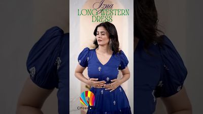 Izna Navy Blue Midi Dress – Puff Sleeves &amp; V-Neck Design