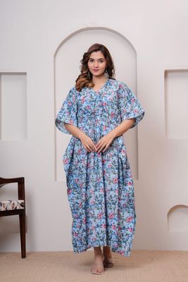 Blue Floral Cotton Kaftan – Elegant &amp; Comfortable Wear