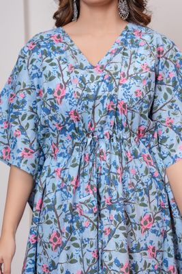 Blue Floral Cotton Kaftan – Elegant &amp; Comfortable Wear