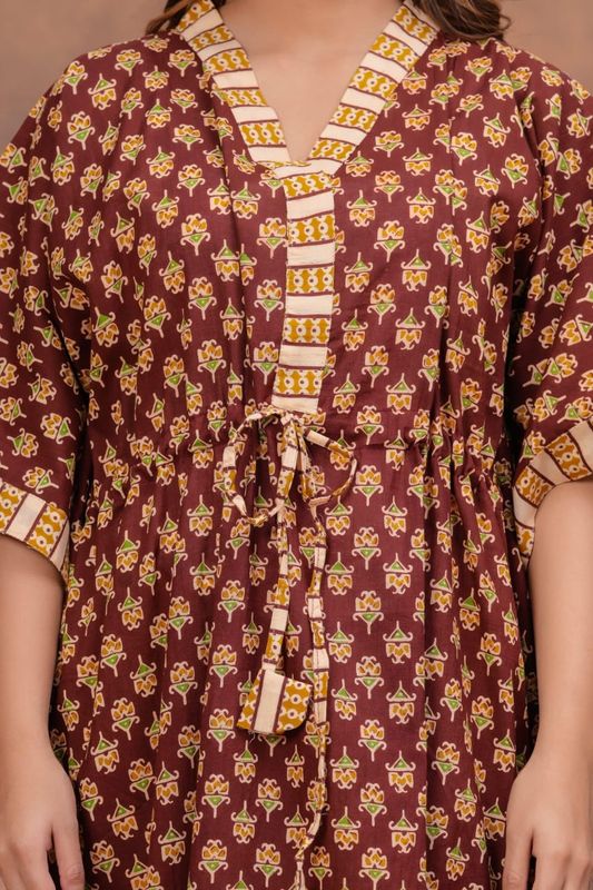 Maroon Cotton Kaftan with Yellow Block Print &amp; Border