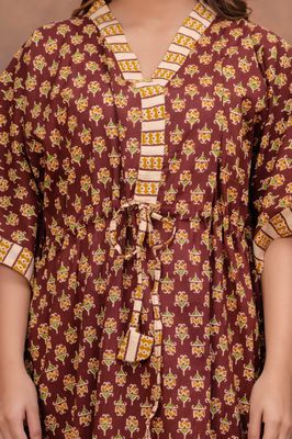 Maroon Cotton Kaftan with Yellow Block Print &amp; Border
