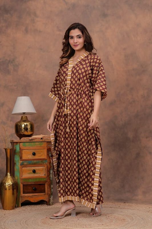 Maroon Cotton Kaftan with Yellow Block Print &amp; Border