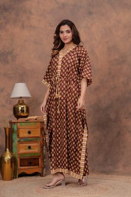 Maroon Cotton Kaftan with Yellow Block Print &amp; Border