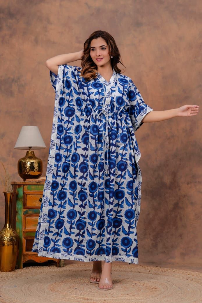 White Cotton Kaftan with Blue Floral Print &amp; Border