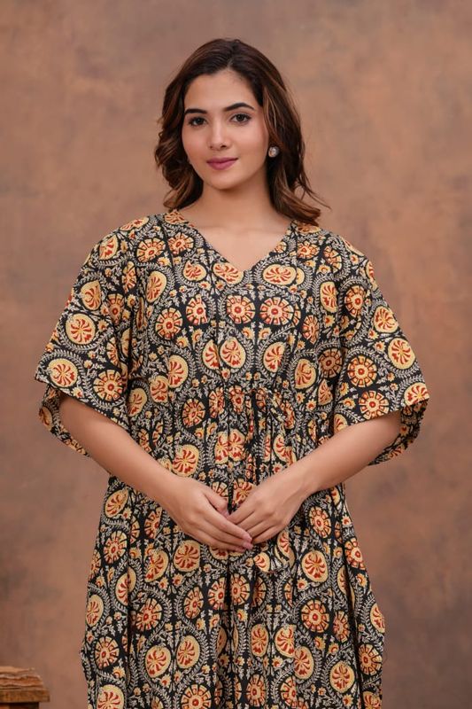 Black Cotton Kaftan with Orange Beige Block Print