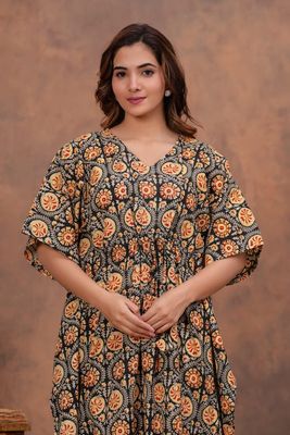 Black Cotton Kaftan with Orange Beige Block Print