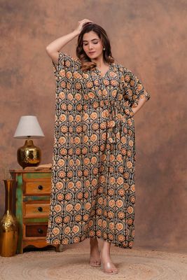 Black Cotton Kaftan with Orange Beige Block Print