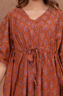 Rust Orange Cotton Kaftan with Blue Red Floral Print