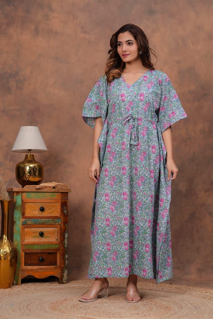 Grey Cotton Kaftan with Pink Floral and Green Print