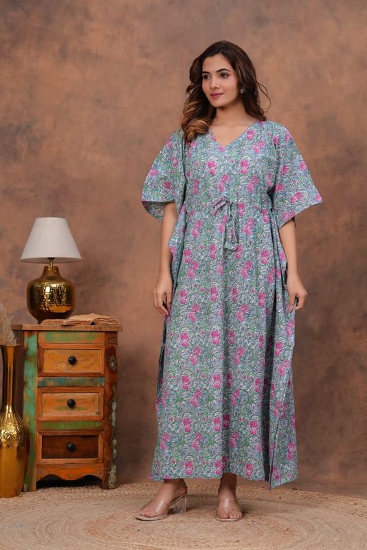 Grey Cotton Kaftan with Pink Floral and Green Print