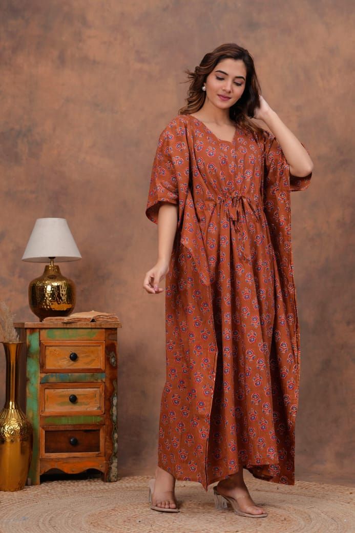 Rust Orange Cotton Kaftan with Blue Red Floral Print