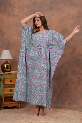 Grey Cotton Kaftan with Pink Floral and Green Print