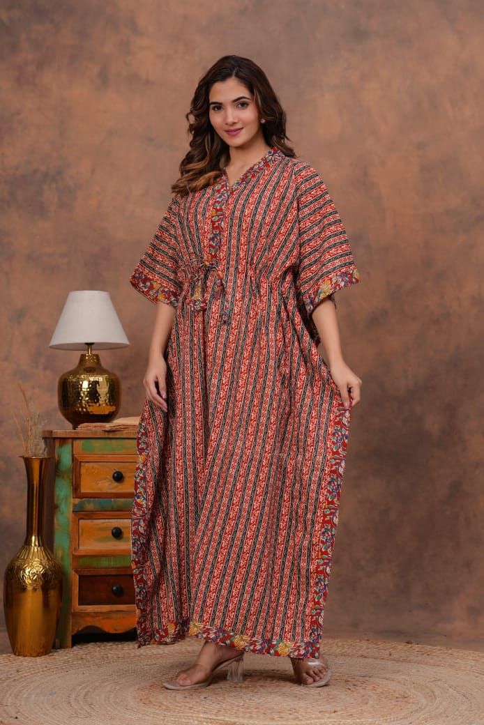 Multicolor Striped Cotton Kaftan with Floral Border
