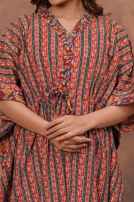 Multicolor Striped Cotton Kaftan with Floral Border