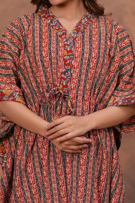 Multicolor Striped Cotton Kaftan with Floral Border