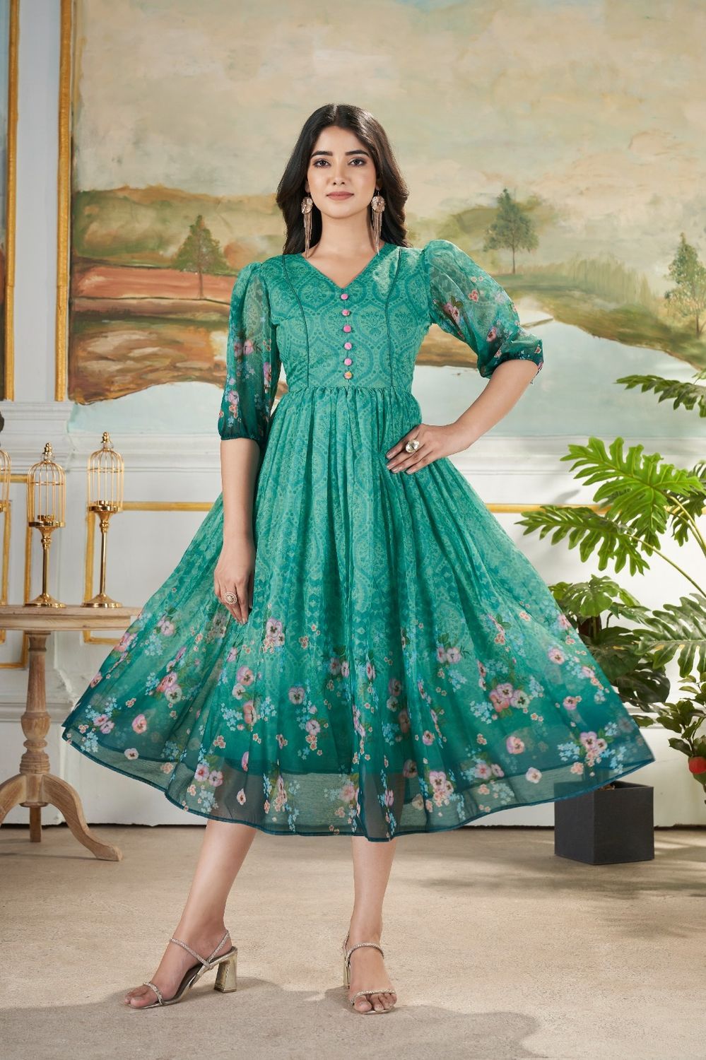 Kanika Long Western Dress | Green Printed Muslin Mix