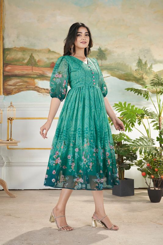 Kanika Long Western Dress | Green Printed Muslin Mix