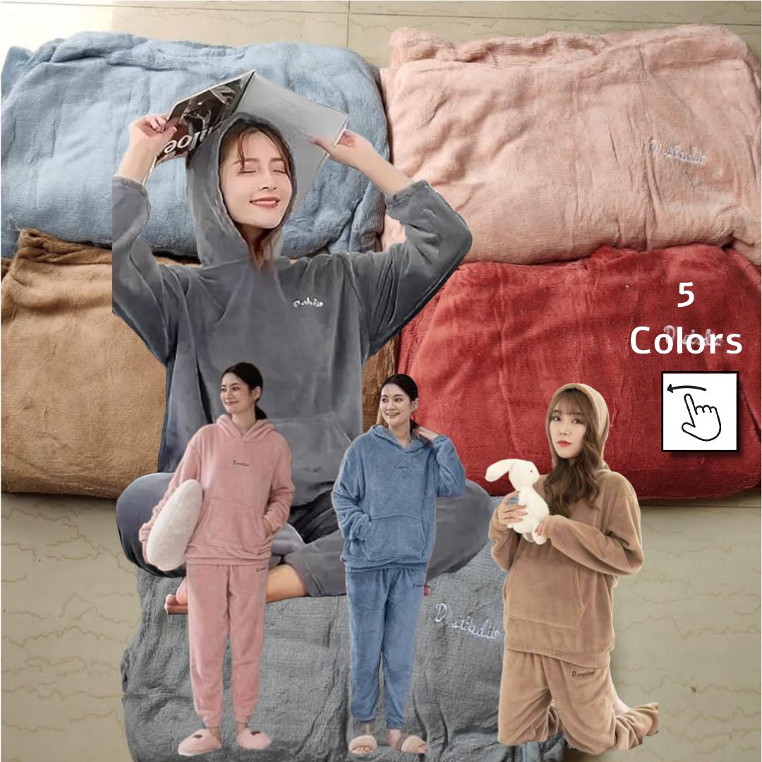 Women Cozy Hoodie Woolen Night suit Set
