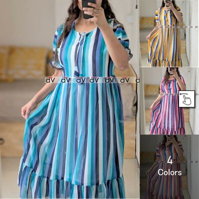 Color Stripe Dress | Pleated Georgette Midi Dress