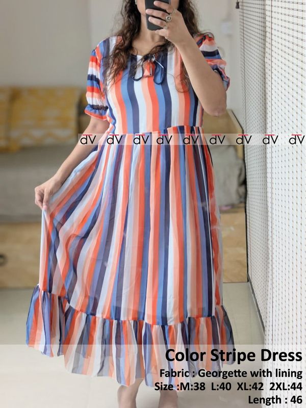 Color Stripe Dress | Pleated Georgette Midi Dress