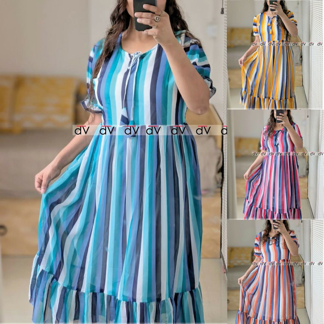 Color Stripe Dress | Pleated Georgette Midi Dress