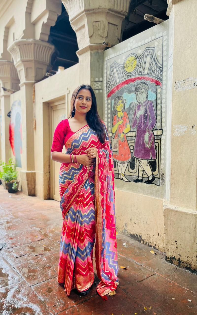 Pure Georgette Zari Saree with Zari woven Zig Zag