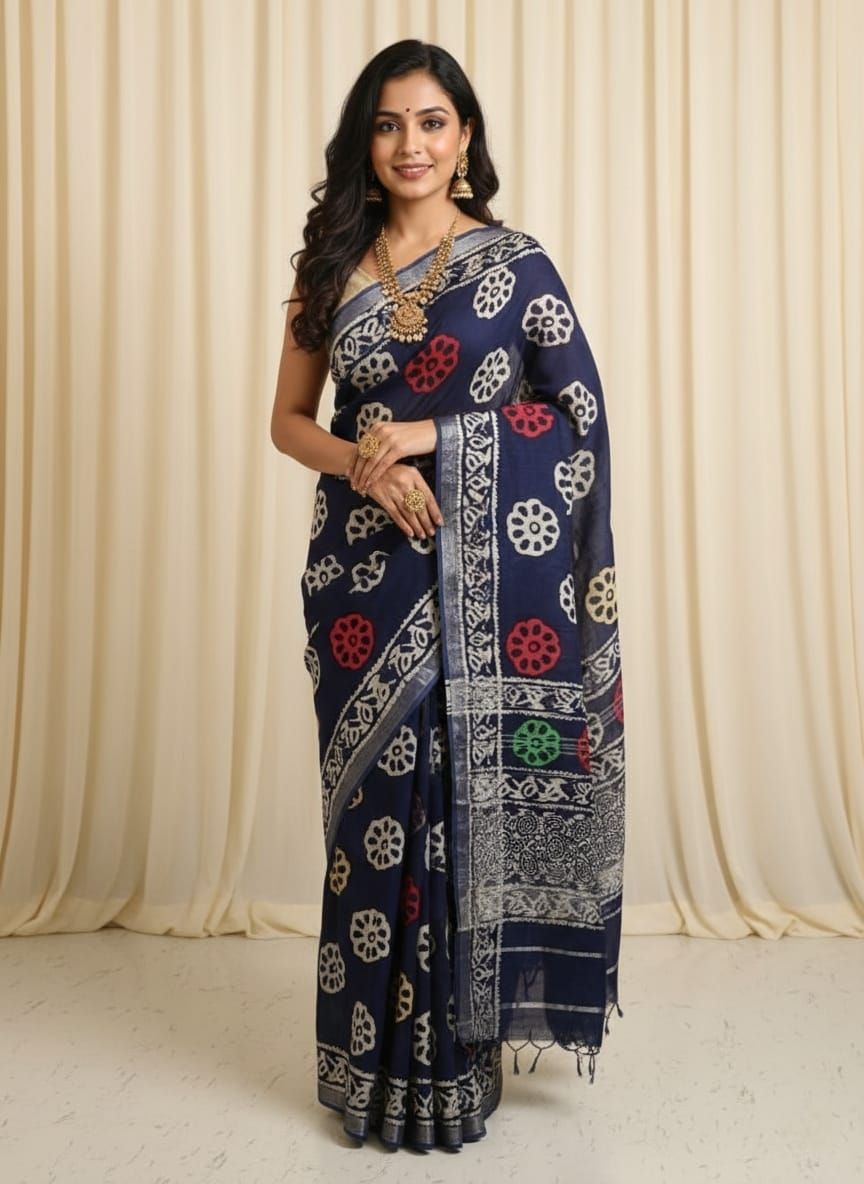 Blue Cotton Linen Saree with Hand Block Print