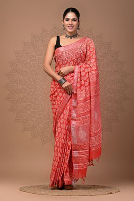 Pure Cotton Linen Saree with Hand Block Print