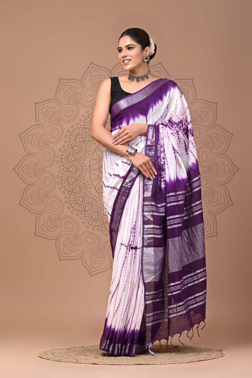 Cotton Linen Saree with Purple Hand Block Print